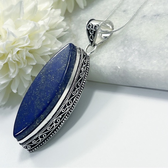 Jewelry - Large Lapis Lazuli Pendant Necklace Sterling Silver 925 Marquise Vintage Antique